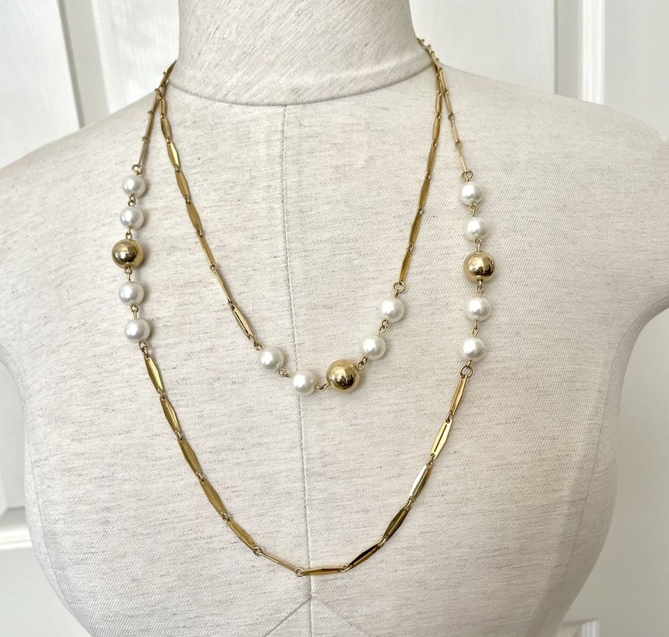Long Faux Pearl And Gold Tone Necklace