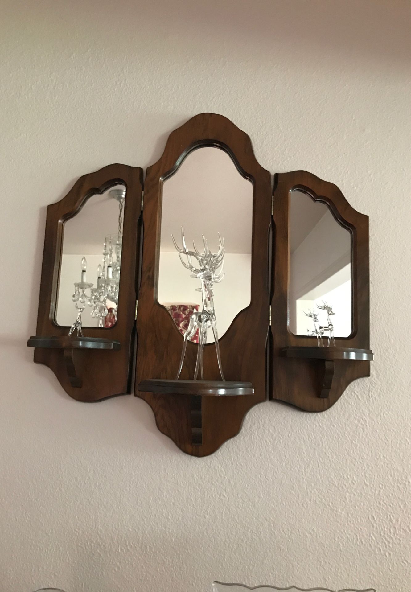 Wood wall frame with three mirrors