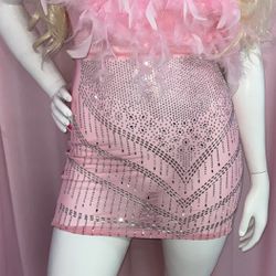 Soft Pink Feather Rhinestone Mini Drag Queen Show Strapless Dress 