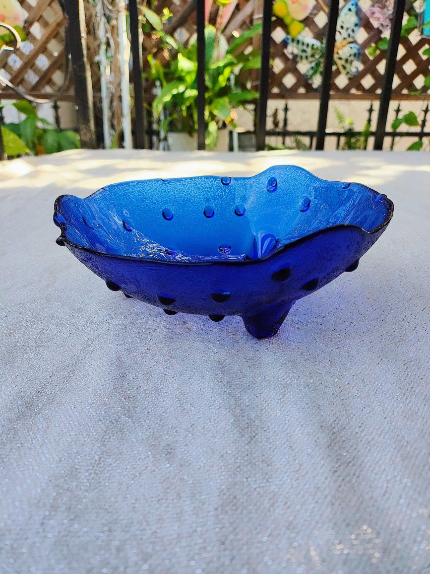 Vintage Cobalt Blue Glass Bowl - Footed Hobnail Candy Dish
