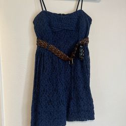 Navy Crochet Dress With Belt 