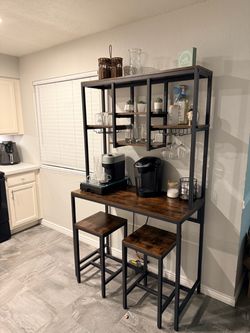 Coffee/Wine Bar with Shelves and 2 Stools