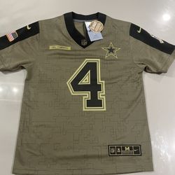 New Youth Dallas Cowboys Dak Prescott #4 2021 Salute To Service Limited Jersey M.    Brand new authentic youth jersey size medium. Check out photos fo