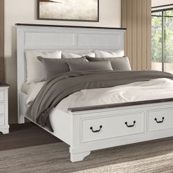 MODERN FARMHOUSE EASTERN KING OR QUEEN SIZE BED FRAME WHITE / DARK BROWN FINISH CAMA