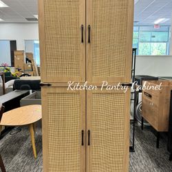 🔥Brand New🔥72”Tall Kitchen Pantry Cabinet with Rattan Doors, Drawer, and Adjustable Shelves, Wood Storage Organizer for Kitchen, Dining Room, Bathro