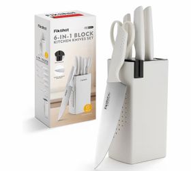 Juego de Cuchillos, FIKSHOT Juego de Cuchillos de Cocina de 6 Piezas con Bloque y Afilador Integrado, Cuchillas de Acero Inoxidable de Alto Carbono Ap