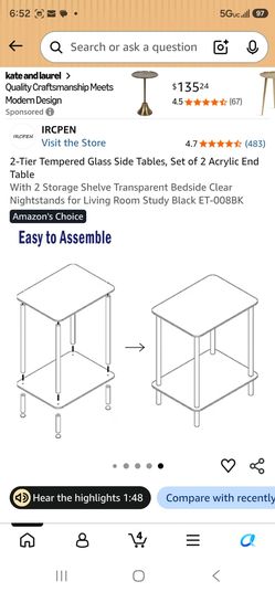 2-Tier Tempered Glass Side Tables, Set of 2 Acrylic End Table