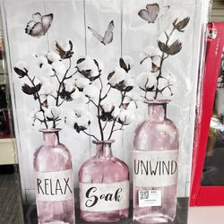 Farmhouse Bathroom Decor Wall Art Rustic Cotton Pink Jar Bathroom Pictures for Wall Country Bathroom Canvas Prints Relax Soak Unwind Signs Painting 