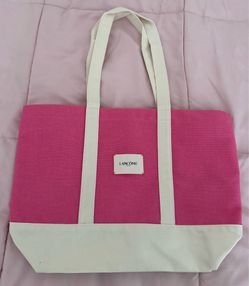 NWT Lancome canvas bright pink with cream stripes tote, size 17x12