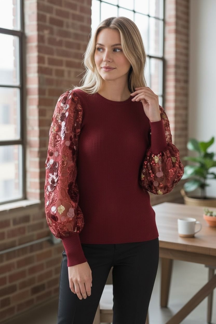 NWT Sioni Milano Burgundy Illusion Sheer Floral Embellished Sleeve Sweater Small