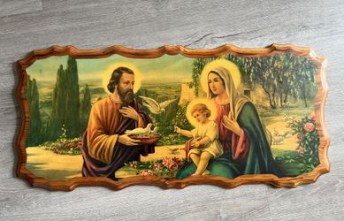 Large Vtg Wood Picture Holy Family & Dove Wall Hanging lacquered finish  31”X14”