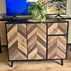 Wood Chevron Sideboard Cabinet with Gold Handles