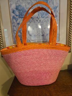 Sondra Roberts Straw Beach Tote & Roll Up Beach Mat Set Pink Orange Floral PLUS