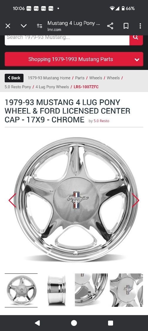 1979-93 Mustang 4 Lug Pony Wheel & Ford Licensed Center Cap - 17x9 - Chrome