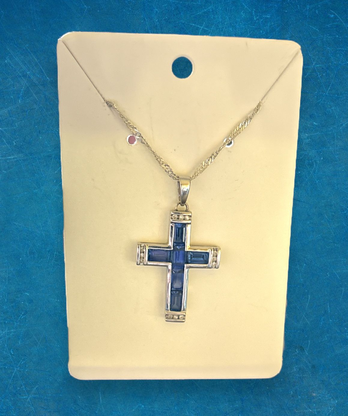 Sapphire & Silver Twisted Chain Cross Necklace 8” Length, 1.5" Pendant Blue