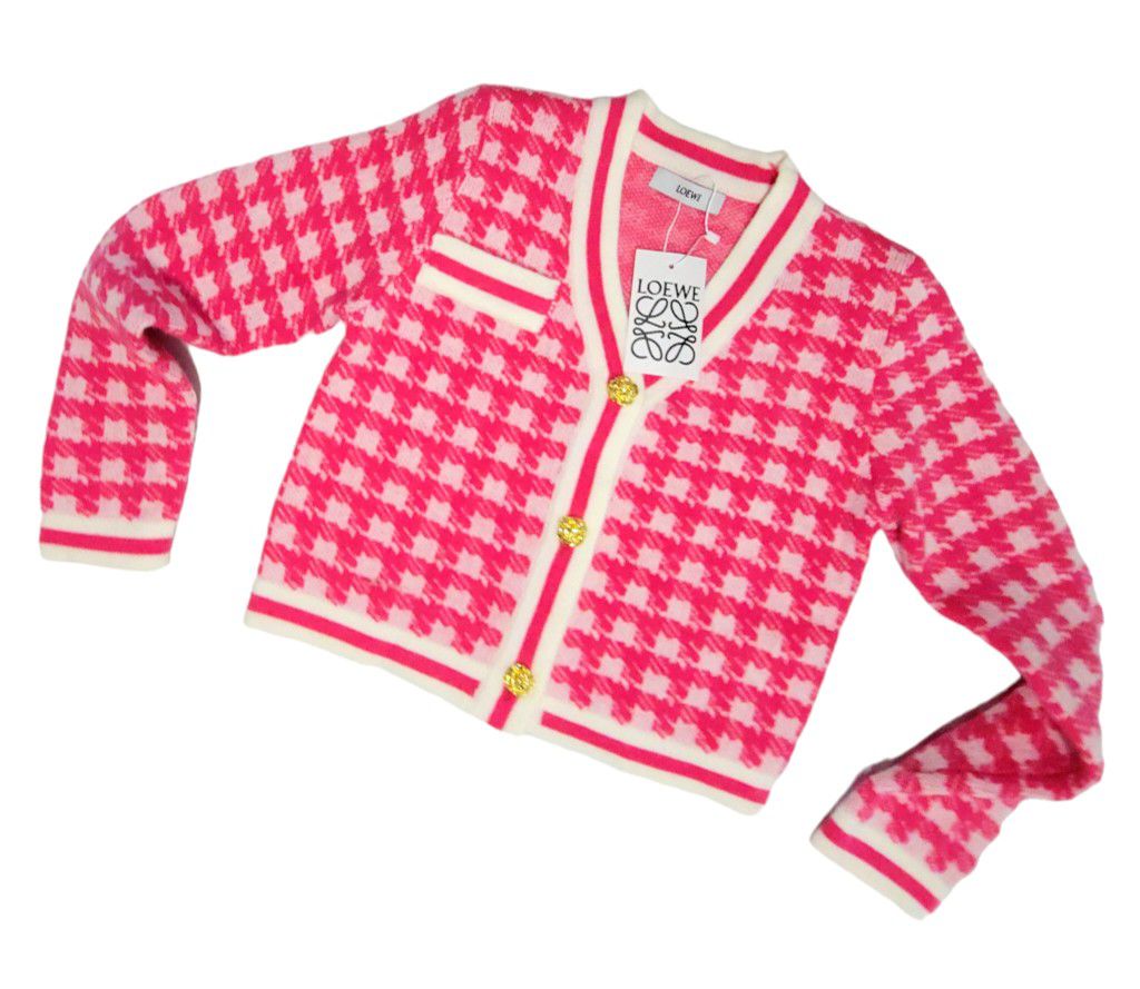 Cropped Pink White Checkered Cardigan Womens S/M Long Sleeve Sweater  Womens Small Medium