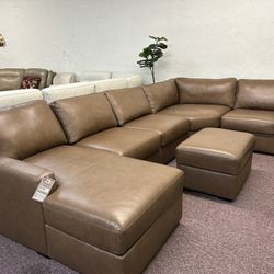 Furniture- 100% Real Top Grain Leather 5 Pc Sectional With A Chaise- Radley