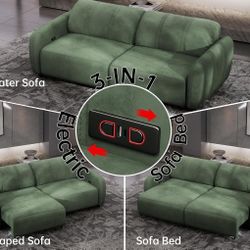 98.5" Modern Electric Slide Sleeper Couch Green Sueded Faux Leather Twin XL Size Pull Out Sofa Bed Living Room Sectional