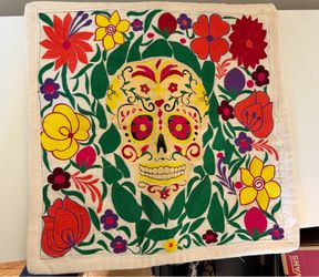 Embroidered Sugar Skull Pillowcase: Mexican Folk Art Throw Pillow