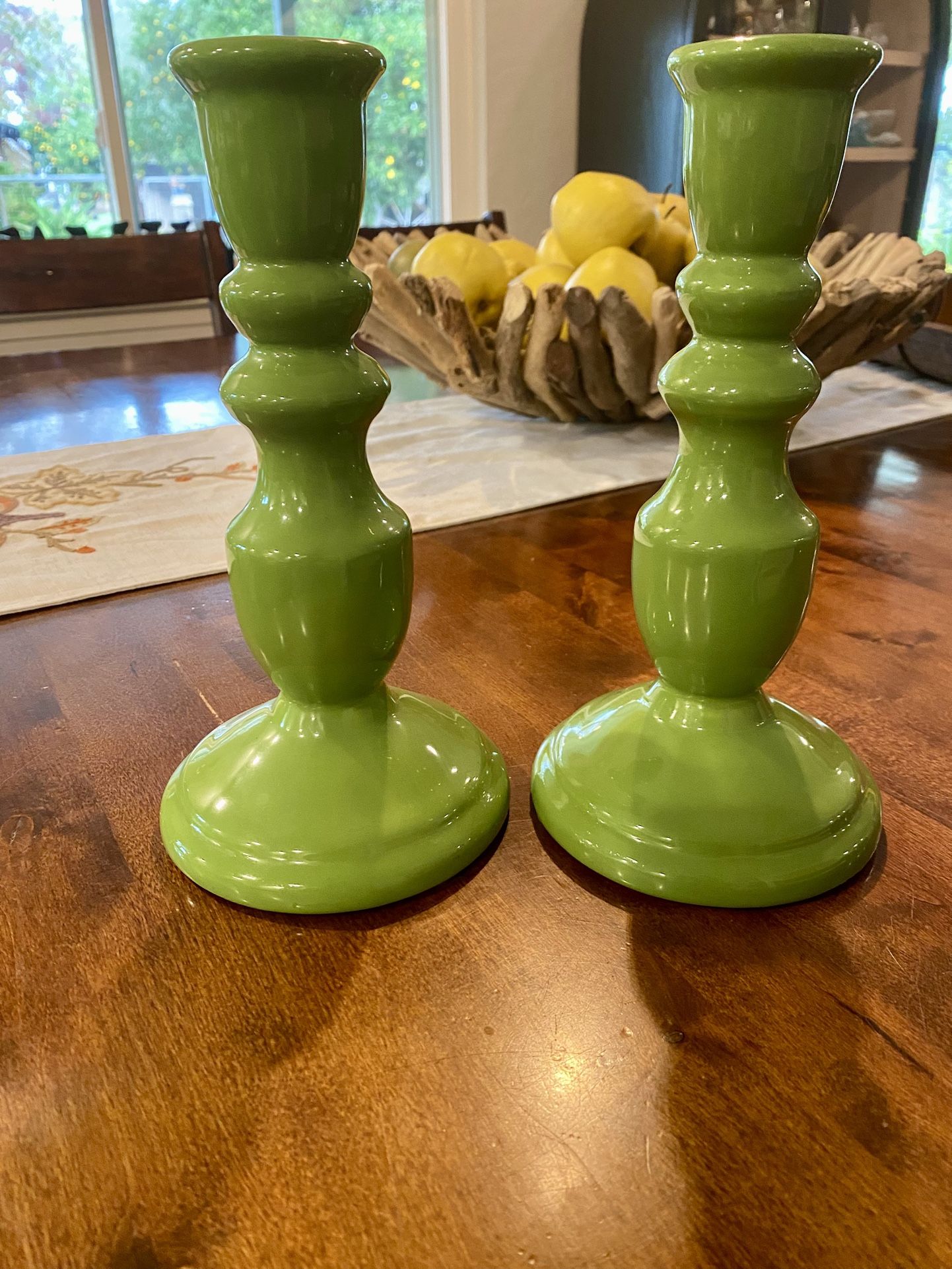 Set of Two Ceramic Green Candle Holders