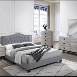 Brand New In Box Grey Velvet Queen  Size Bed With Mattress 