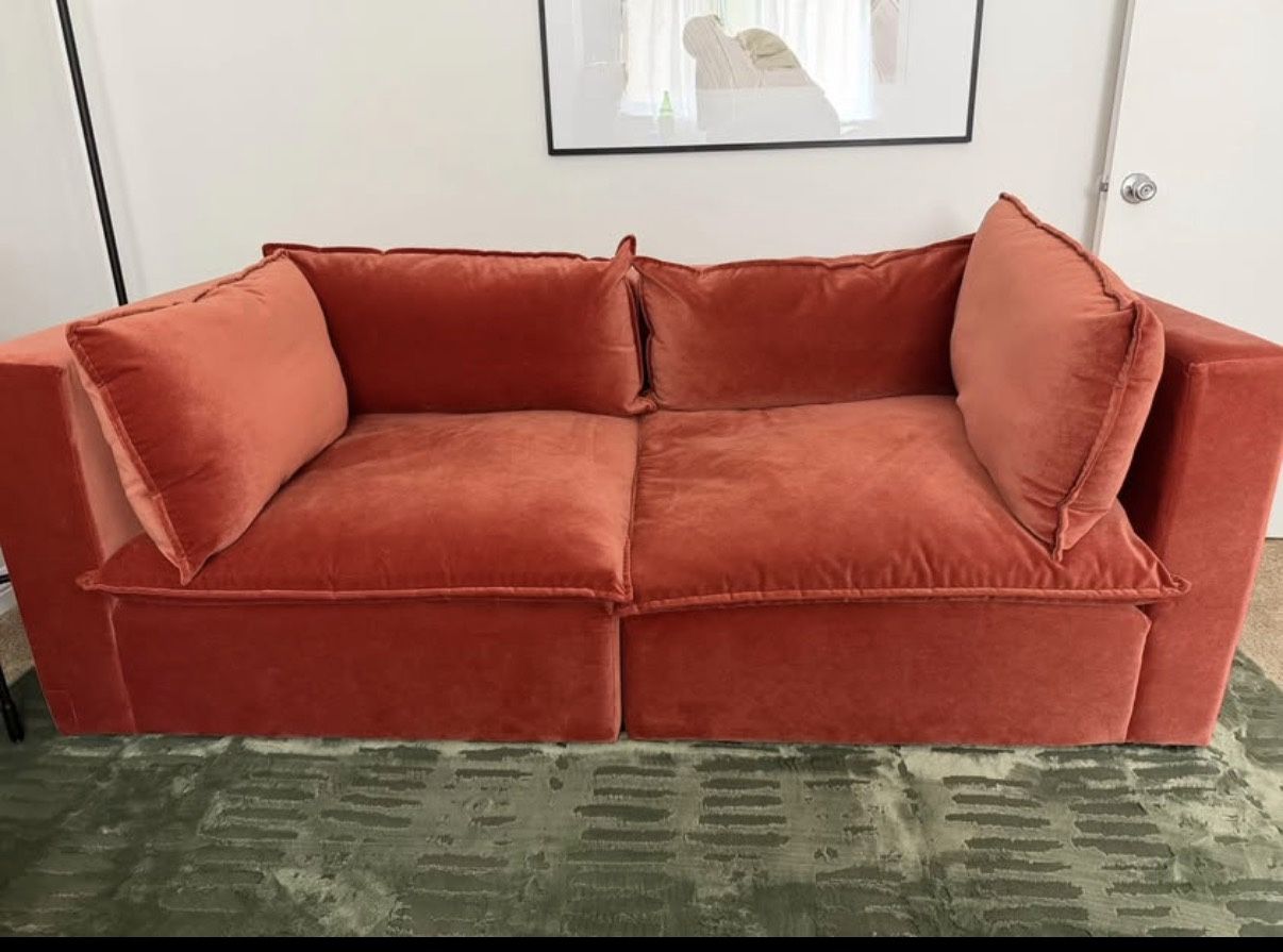 Joybird Haine Corner Chair Loveseat, Color: Banks Zinnia (Red Couch)