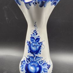 Vintage Russian Gzhel Blue White Hand-Made Hand-Painted Floral Vase - Villiage Traditional
