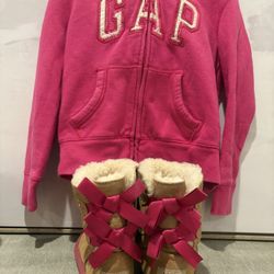 Gap Zip Up Baby Hoddie Pink With UGG Bailey Pink Bow Girl Size:12