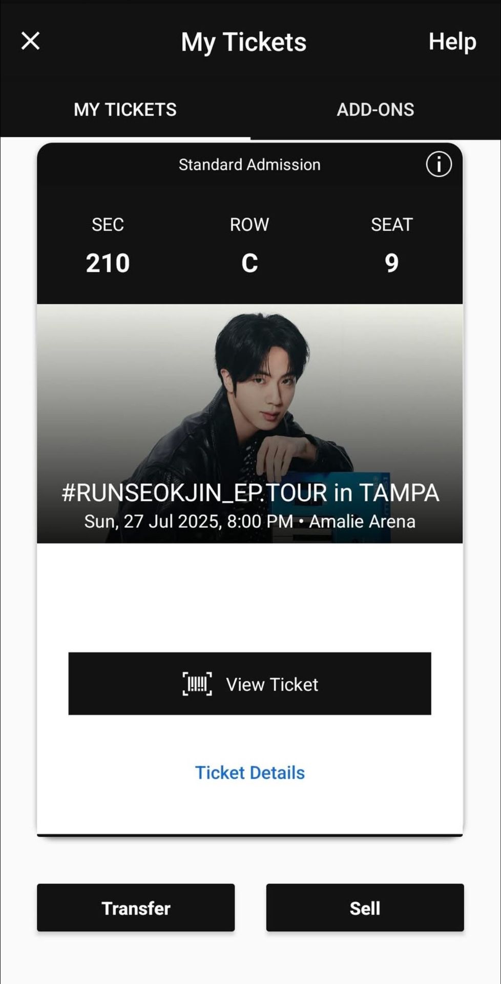Selling RunSeokJin Ticket For Tampa