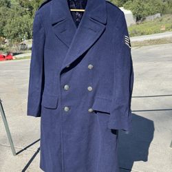 Vintage US Air Force Wool Overcoat Trench Navy Blue 1951 Korean War Era