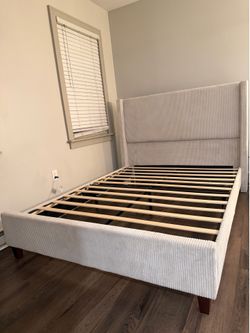 Queen Upholstered Platform Bed Frame – Cream Corduroy