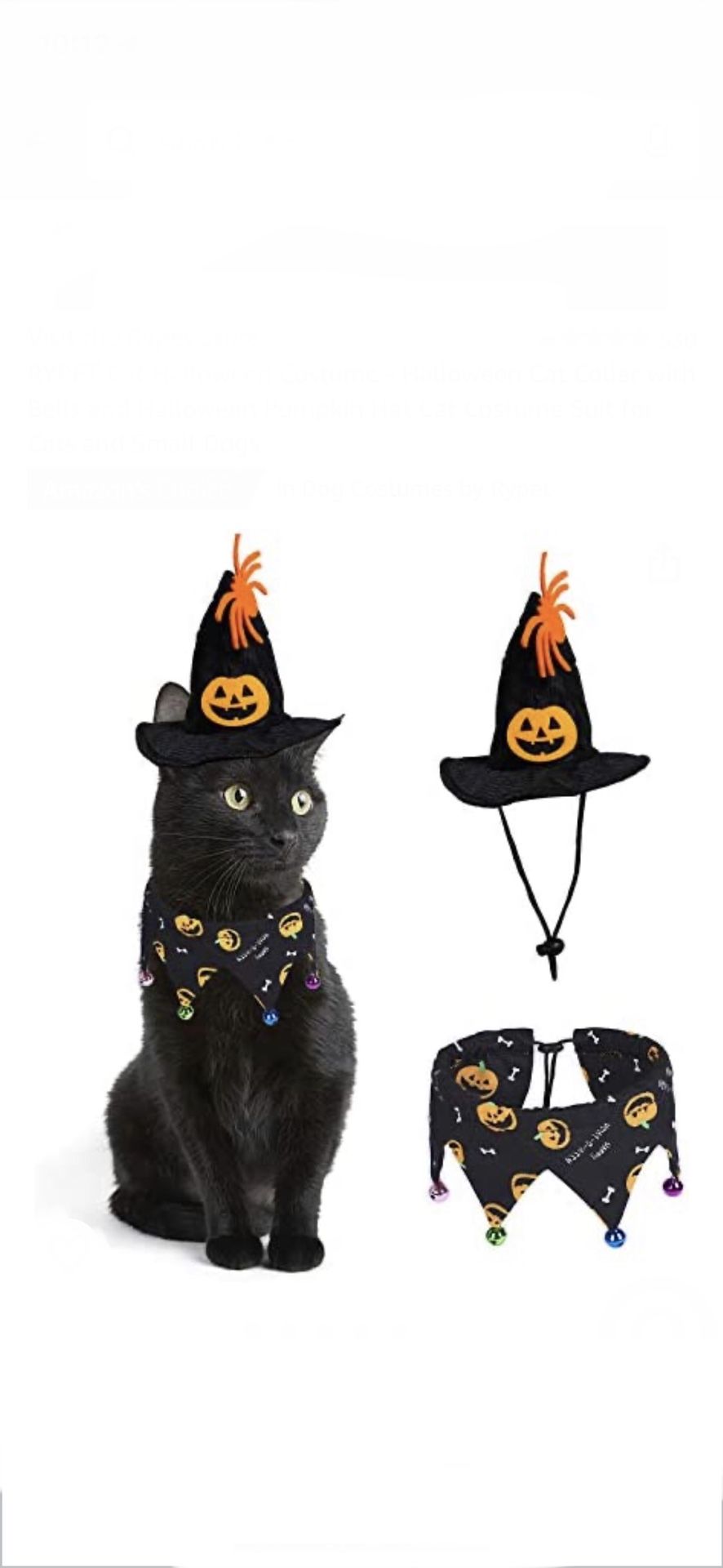 Rypet Cat Halloween Costume-Collar with Bells & Pumpkin Hat for Cats+Small Dogs