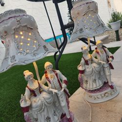 PAIR of Mid-Century 20" Victorian Colonial Couple Porcelain Table Lamps and Shades
