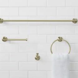 Glacier Bay Oswell 4-Piece Bath Hardware Set with 24 in. Towel Bar, TP Holder, Towel Ring and Robe Hook in Matte Gold
