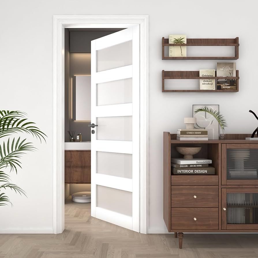 30"x 80" Interior Slab Door, 5-Lite Glass French Door Slab, Pre-Assembled White Primed Solid Core Panel w/o Prehung Jamb, for Pantry Closet