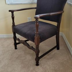 Antique Wood Chair With Navy Blue Velour Stripe Upholstery 