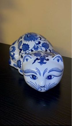 Blue and White Porcelain Cat Figurine