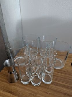 Glassware set with tumblers, shot glasses, and jigger