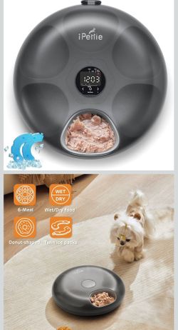 iPettie Donut Frost 6 Meal Cordless Automatic Pet Feeder, Dry & Wet Food Automatic Cat Feeder with Two Ice Packs, Rechargeable Massive Battery, Progra