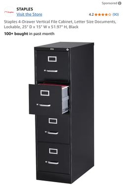 Staples 4-Drawer Vertical File Cabinet, Letter Size Documents, Lockable, 25" D x 15" W x 51.97" H, Black