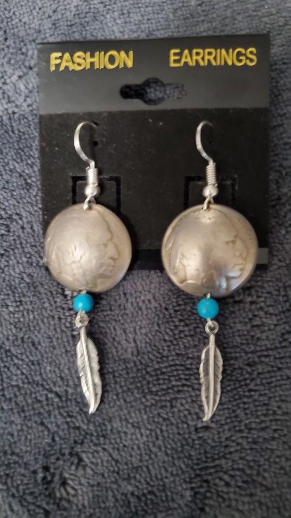 1 pair domed Buffalo nickel earrings w/ turquoise beads and silver color feathers