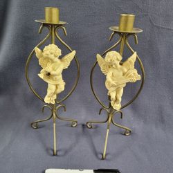 (2) Cherub beige ceramic and metal holders / stand, 11" tall