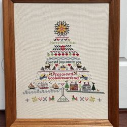 Vintage Handmade Framed Christmas Cross-Stitch Artwork 23”x19” just $8