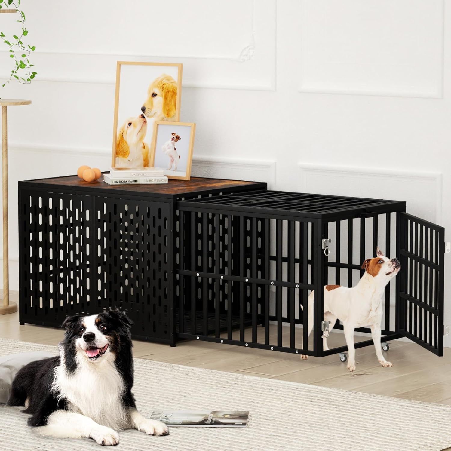 Heavy Duty Dog Crate Furniture Dog Cage Kennel Pull-Out Design & 3 Doors, Strong Metal Large Pet Crates and Kennel for Dogs, Length Adjustable from 38