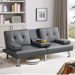 Convertible Sofa Bed Adjustable Couch Sleeper Modern Faux Leather Home Recliner Reversible Loveseat Folding Daybed Guest Bed, Removable Armrests, Cup 