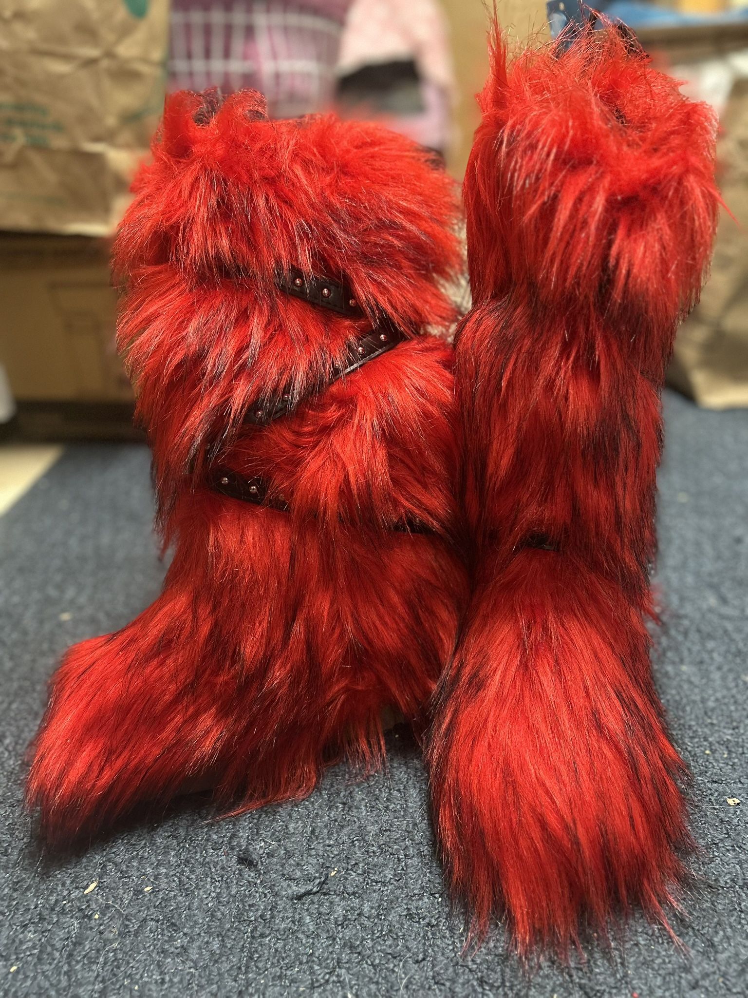 Women’s Red & Black Faux Fur Fuzzy Motorcycle Boots