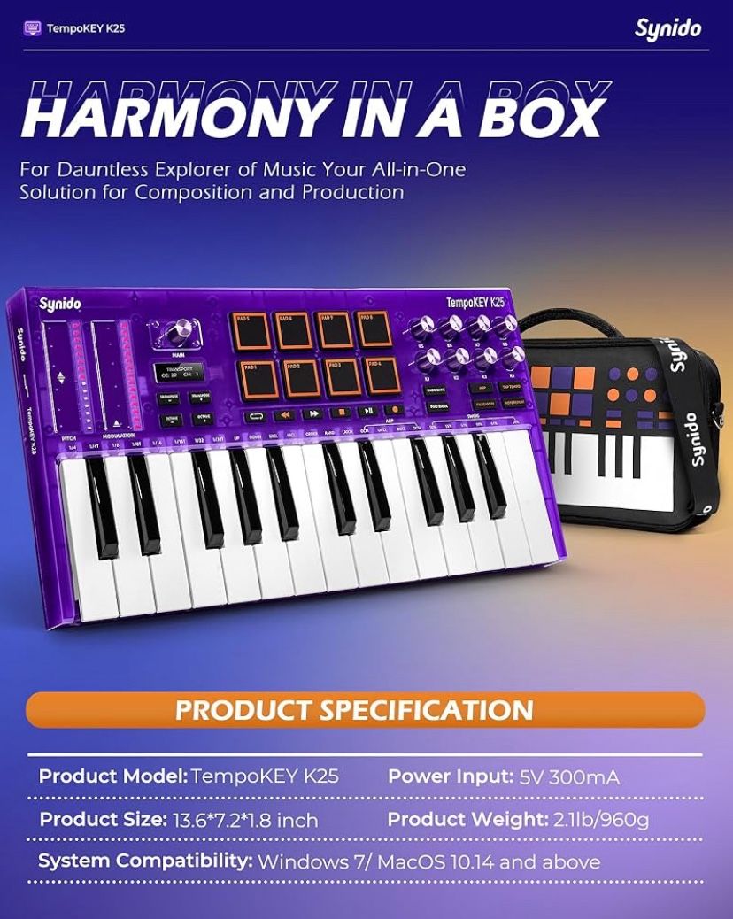 25 Key USB MIDI Keyboard Controller with Drum Pads