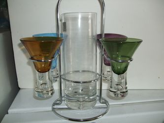 Vintage Bar Set - 4 Colored Martini Glasses + Matching Pitcher + Chrome Caddy - Bubble Base MCM