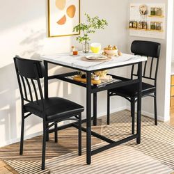 Square Dining Table Set for 2, Faux Marble Compact Bistro Table with Upholstered Chairs, Space Saving Kitchen Breakfast Nook, Built-in Storage Rack 3-