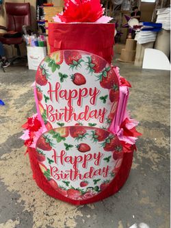 Strawberry happy birthday three tier pinata with balls